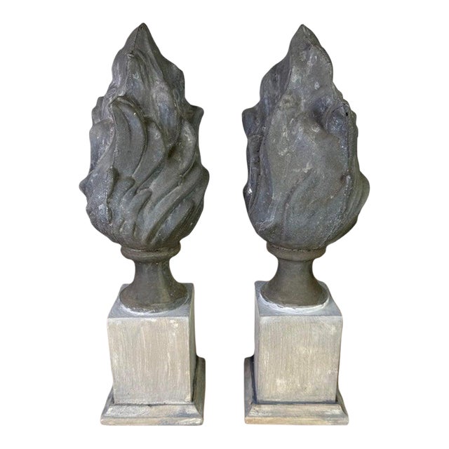 19th Century Italian Zinc Flame Finials on Distressed Wood Bases For Sale