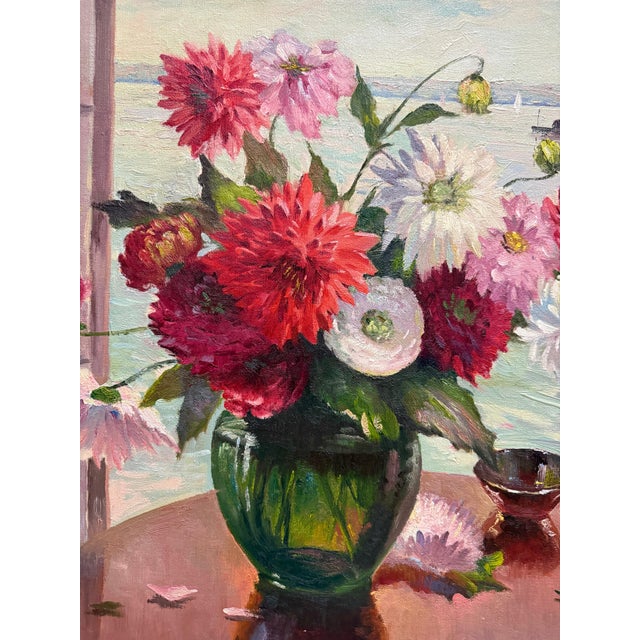 Vintage Irene Stry Still Life Painting with Harbor Scene Background Offered for sale is a vintage early 20th century Irene...