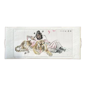 Chinese Color Ink Horizontal Tiger Fengshui Scroll Painting Wall Art