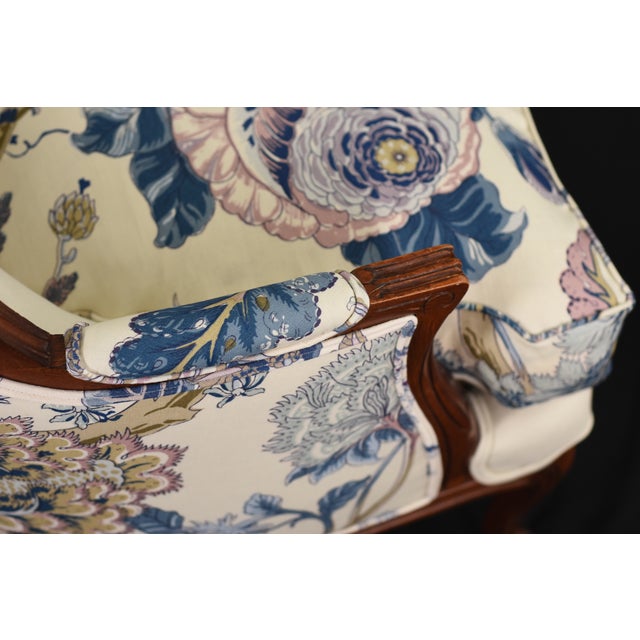 Schumacher Linen Accent Chair on Restored Vintage Ethan Allen Camille Bergere With Linen For Sale - Image 9 of 18