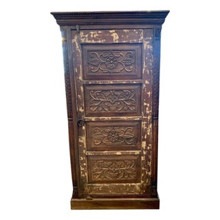 Vintage Carved Single Door 58" Tall Distressed Armoire For Sale