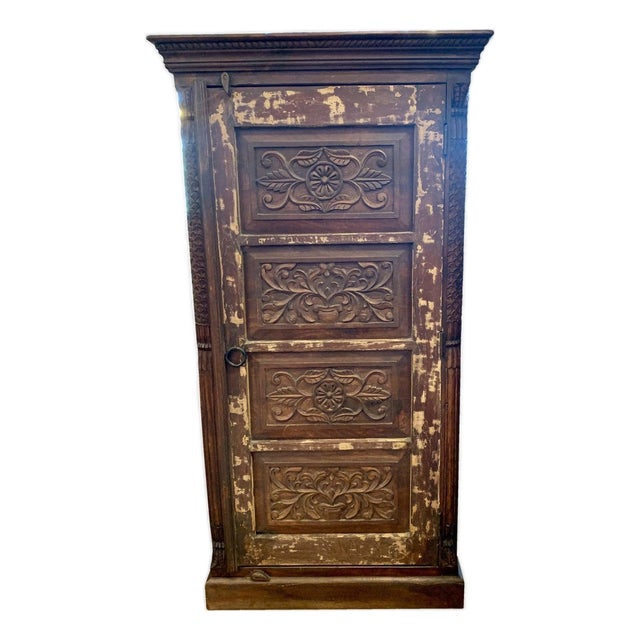 Vintage Carved Single Door 58" Tall Distressed Armoire For Sale