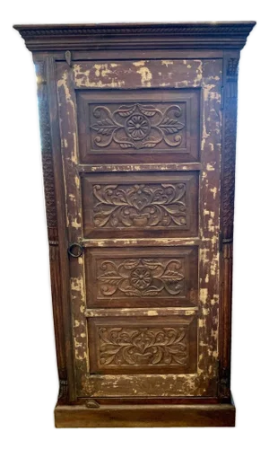 Vintage Carved Single Door 58" Tall Distressed Armoire