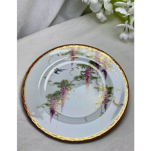 Art Deco Early 20th Century Late Meiji Japanese Hand-Painted Wisteria & Swallow Gilt Cabinet Plate For Sale - Image 3 of 8