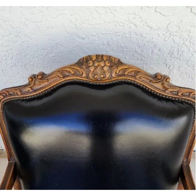 Wood Chateau Dax French Provincial Black Top Grain Leather Lounge Chair & Ottoman For Sale - Image 7 of 10