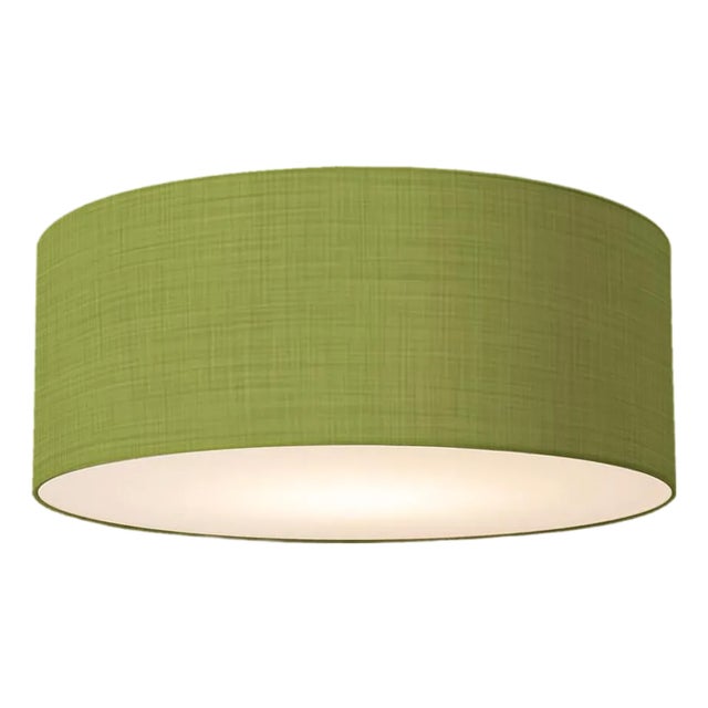 Stretch Flush Mount, Avocado Linen Shade, Satin Nickel For Sale