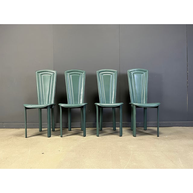 Postmodern Vintage Green Leather Dining Chairs, 1980s, Set of 4 For Sale - Image 3 of 8