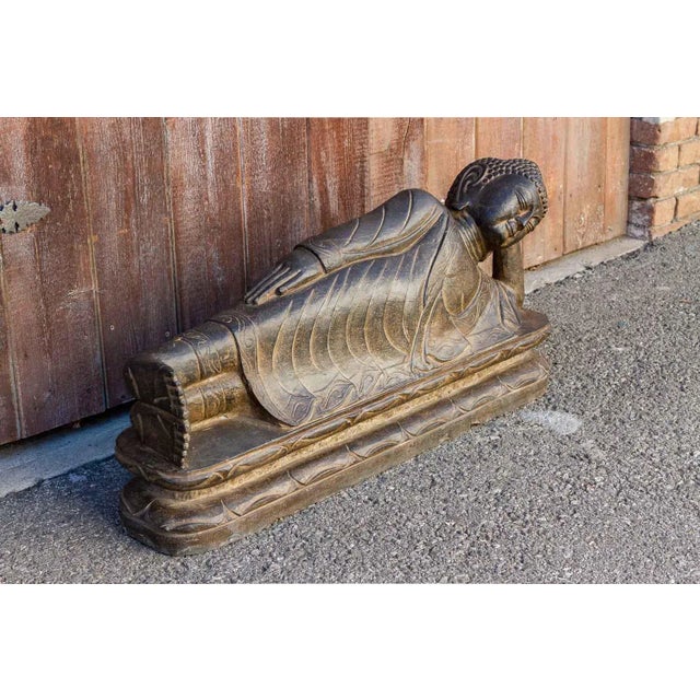19th Century Black Stone Asian Reclining Carved Buddha For Sale - Image 5 of 10