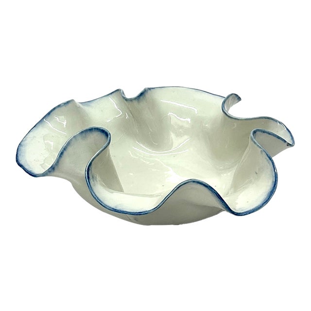 Sculpted Artisanal Blue & White Earthenware Bowl For Sale