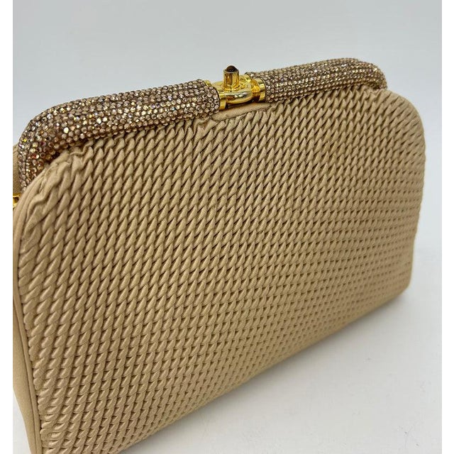 Beige Vintage Judith Leiber Beige Pleated Silk Swarovski Crystal Top Clutch c1980s For Sale - Image 8 of 11