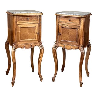 Pair Antique French Louis Xv Walnut Marble Top Nightstands For Sale