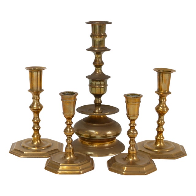 Antique Danish Brass Candlesticks, 1890s, Set of 5 For Sale