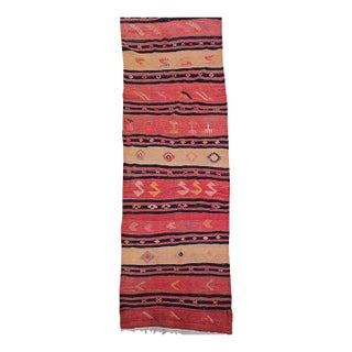 Vintage Turkish Kilim Runner, Handwoven Wool, Stripe Pattern, Brick Red, 3x13 For Sale