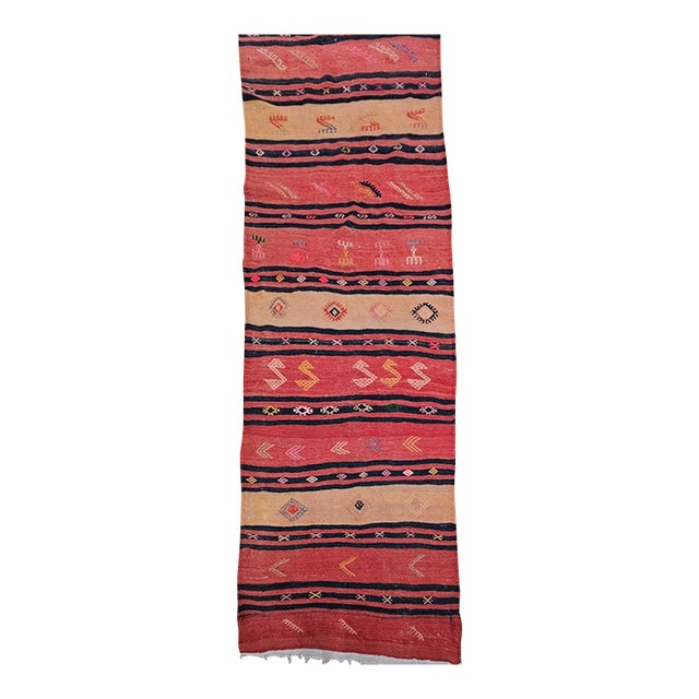 Vintage Turkish Kilim Runner, Handwoven Wool, Stripe Pattern, Brick Red, 3x13 For Sale