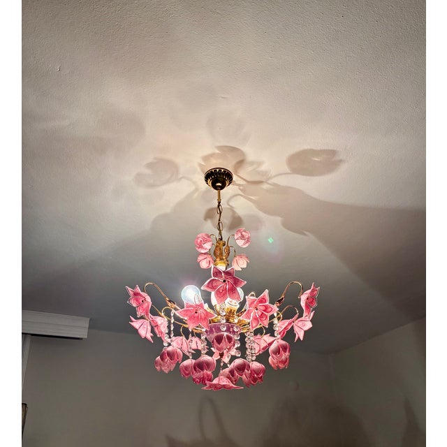 Art Deco Vintage Murano Style Large Chandelier, Pink Floral Chandelier, Bouquet Style Ceiling Light, 4-Light Flush Mount For Sale - Image 3 of 16