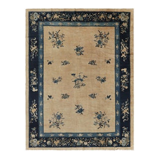 Antique Chinese Peking Rug in Beige and Blue With Floral Patterns - Rug & Kilim For Sale