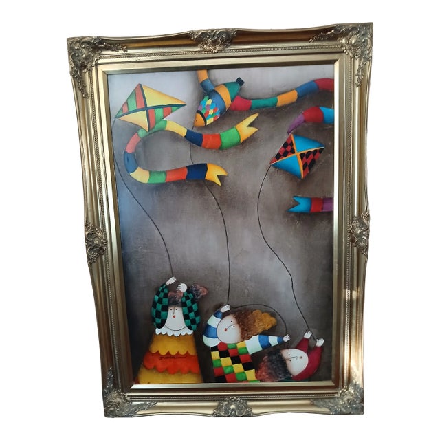 1990s J. Roybal Large Ornate Gold Framed Painting of Balloons For Sale