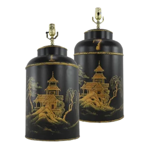 A Pair of Vintage English Export Chinoiserie Hexagonal Tea Caddies Table Lamps