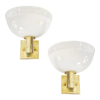 Venini 1960s Italian Art Deco Design White Murano Glass Bowl Brass Wall Lights - a Pair For Sale