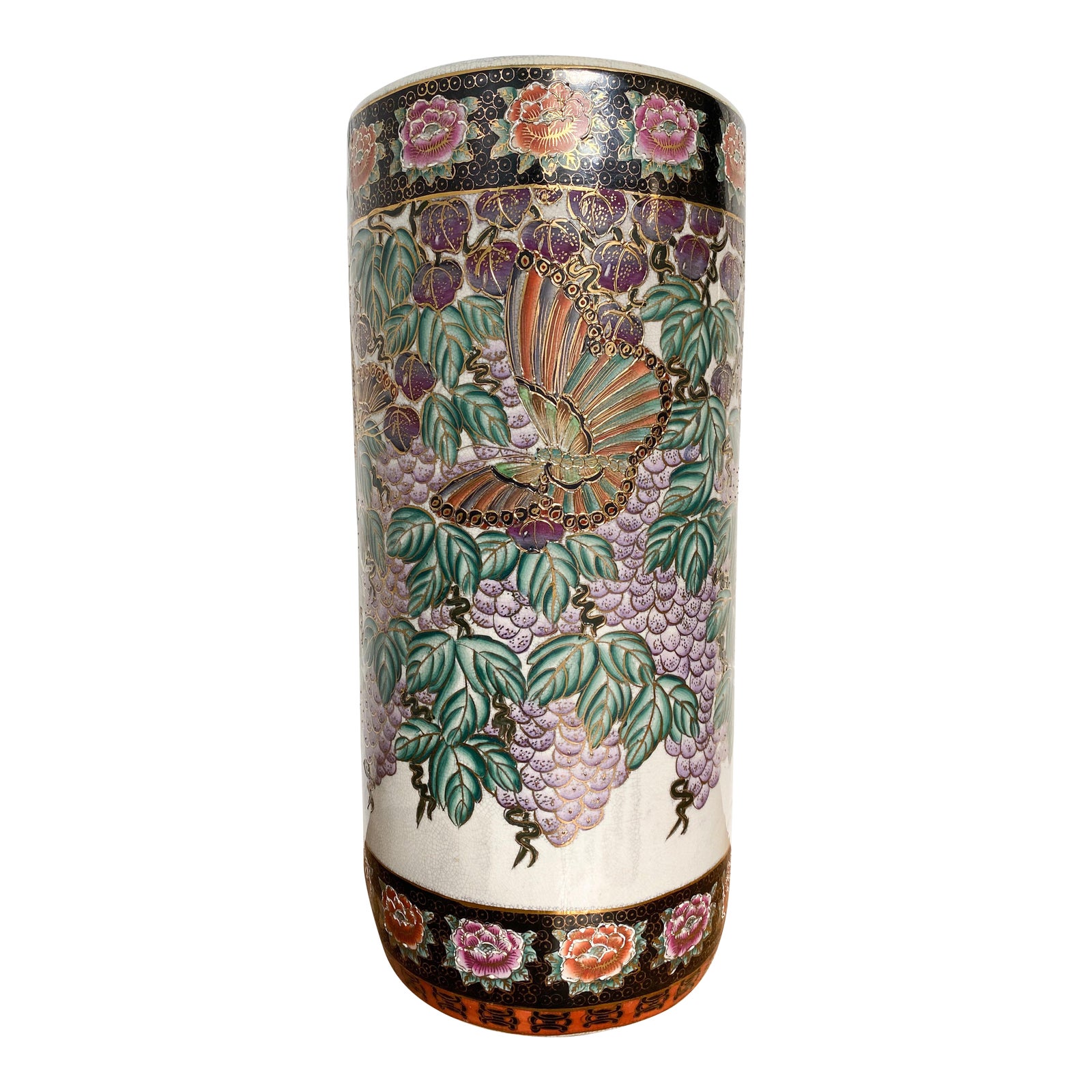 20th Century Chinese Wisteria and Butterfly Purple and Green Floral