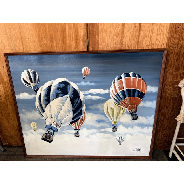 Lee Reynolds X- Large, Vintage Mid-Century Modern Lee Reynolds Hot Air Balloon and Cloud Scape Oil Painting For Sale - Image 4 of 11
