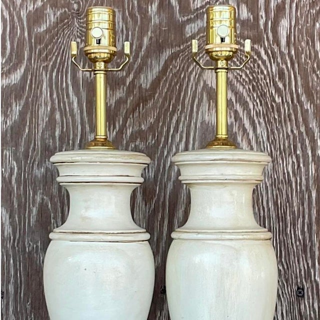 Vintage Boho Faux Finished Turned Wood Lamps- a Pair For Sale In West Palm - Image 6 of 12