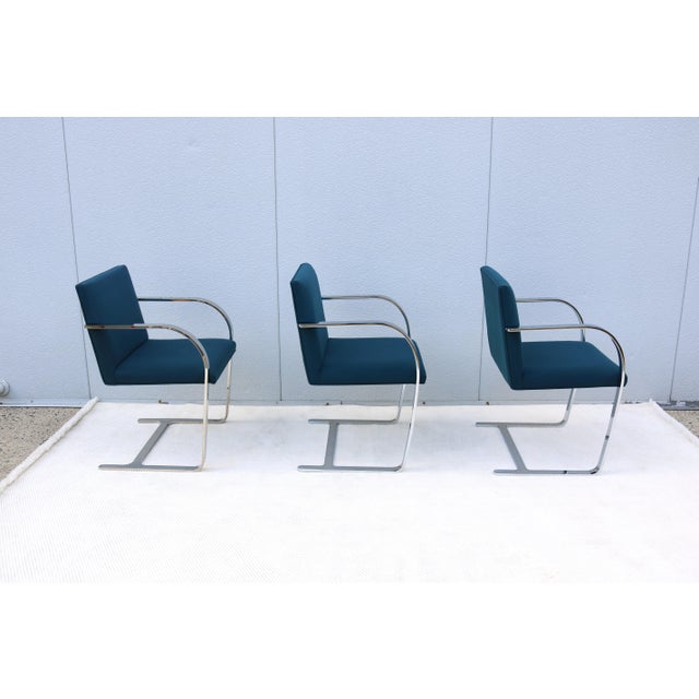 Ludwig Mies Van Der Rohe Brno Flat Bar Chairs in Blue Fabric by Gordon, Set of 3 For Sale - Image 11 of 18