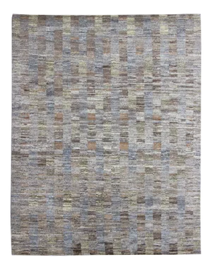 Modern Hand Knotted Tibetan Wool Rug With Gray, Green, and Light Brown