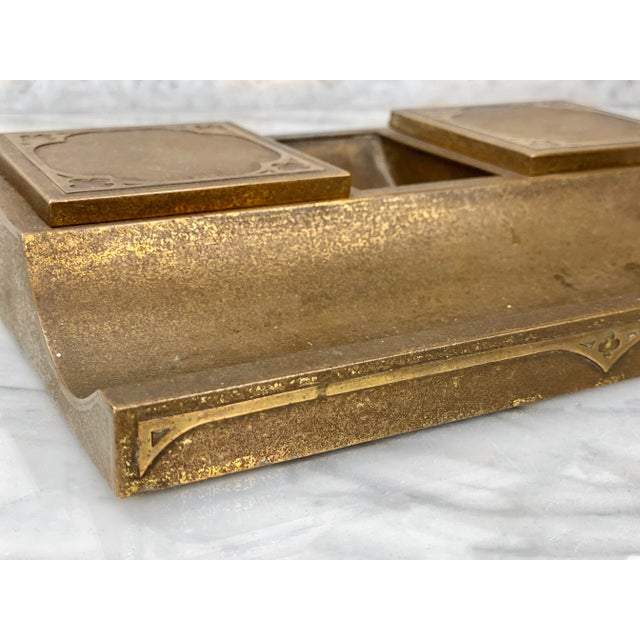 Vintage Arts & Crafts Hammered Bronze Inkwell & Letter Holder Desk Set For Sale - Image 9 of 11