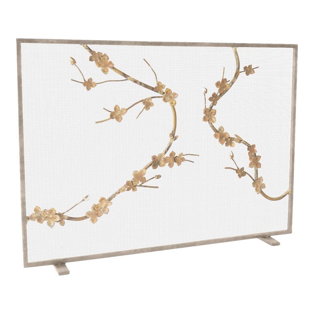 Aged Silver Sakura Fireplace Screen Iron For Sale