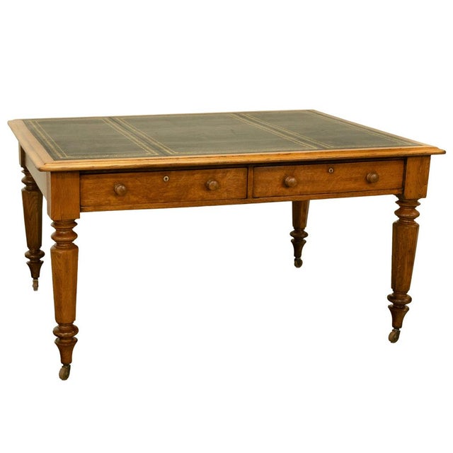 Antique English Oak & Leather Top Double-Sided Library Table Partner's Desk 1860 For Sale - Image 10 of 13