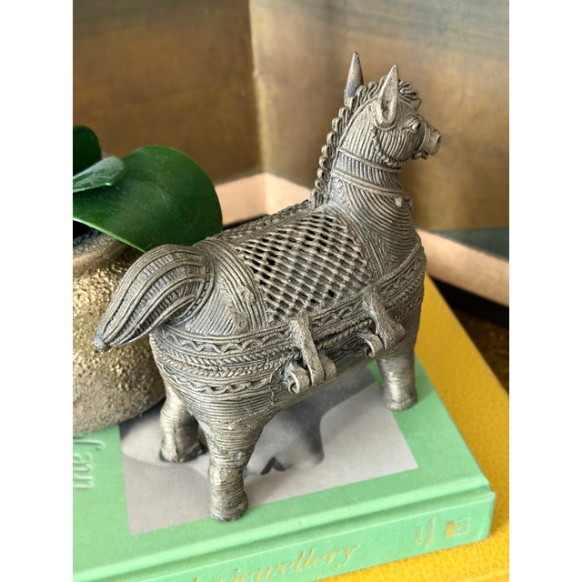 Metal Antique Indian Primitive Bronze Metal Dhokra Trojan Horse Hinged Trinket Container Box For Sale - Image 7 of 12