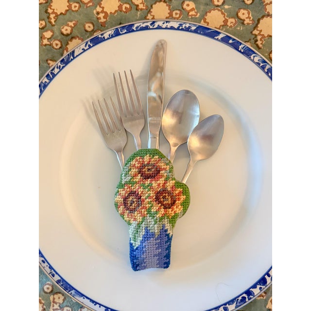 Yellow Vintage Needlepoint Sunflower Flatware Bouquet Pocket Holders, Set of 4 For Sale - Image 8 of 8