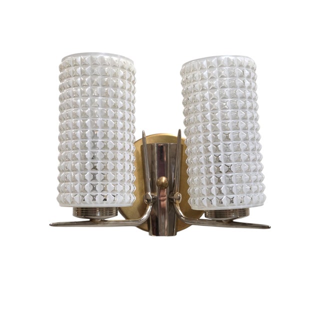 Vintage Enameled Glass, Brass & Nickel Two Light Wall Sconces - Set of Three For Sale - Image 11 of 17