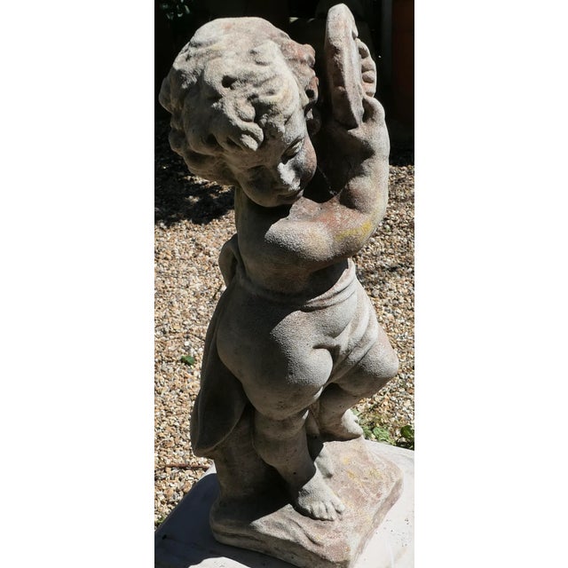 Gray Weathered Statue of a Putti Playing Tambourine, 1920s For Sale - Image 8 of 8