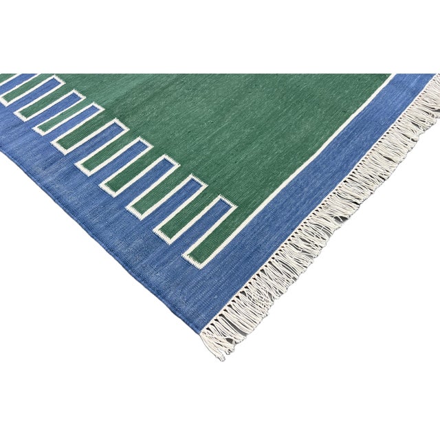 Handmade Cotton Vegetable Dyed Rug, Forest Green, White and Blue Zig Zag Striped Dhurrie-6'x9' For Sale - Image 9 of 10