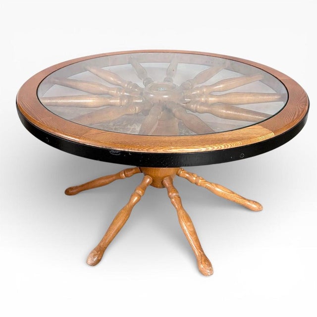 Vintage Ship Wheel Table in Elm and Oak with Glass Top For Sale - Image 9 of 9