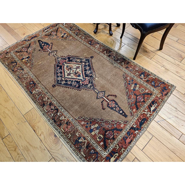 Persian Vintage Persian Malayer Area Rug, Hand-Knotted Wool, Geometric Medallion Pattern, Camelhair & Red, 4x7 For Sale - Image 3 of 16