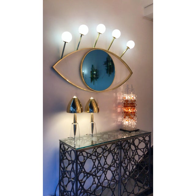 Blue eyes full brass lightning mirror with sconces wall lamps lights. Opaline glass ball. Few exclusive contemporary work...
