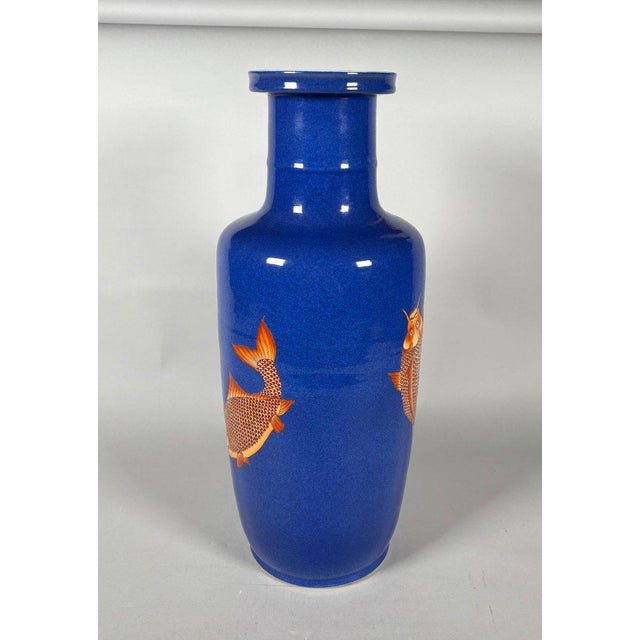CHINA, 19th century. Porcelain vase with a scroll decorated with carp on a powder blue background. For Sale - Image 6 of 9