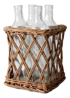 Vintage Wicker Bottle Basket With Glass Bottles
