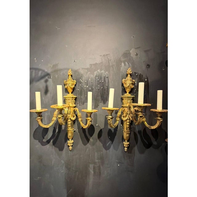 1920s 1920 Caldwell Gild Bronze Sconces 3 Lights Louis XVI Style - a Pair For Sale - Image 5 of 12