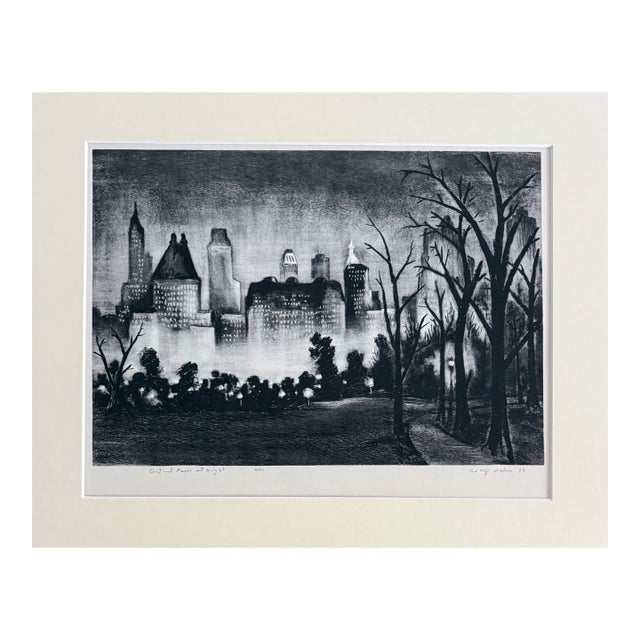 Vintage 1939 Print in 11x14 Mat: Adolph Dehn, Central Park at Night" Frame Ready For Sale