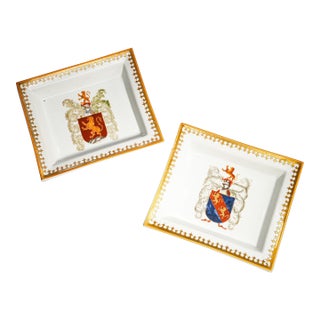 Stately Pair Vintage Porcelain Armorial Catchall Trays Heraldic Coat of Arms Dish Gold Gilt English Country Home Decor For Sale