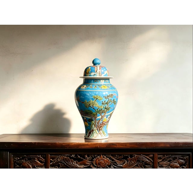 Art Deco Chinese Ceramic Pot,Kangxi Marked Blue Ground FamilleVerte Porcelain Ginger Jar Hand Painted Playing Children Pattern For Sale - Image 3 of 12
