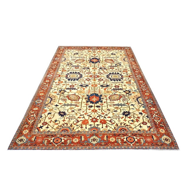 Persian Serapi Wool 7x11 Ivory, Rust, & Blue Antique Handmade Area Rug #1141228 For Sale - Image 4 of 11