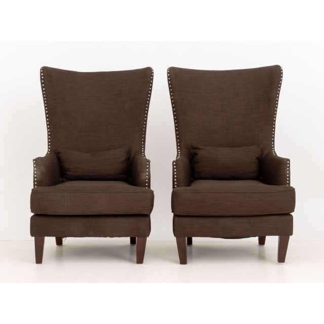 Pair of Picket House "Kegan" Chocolate Synthetic Upholstered Armchairs, with riveted trim. 48.5" H x 29" W x 26.5" D;...