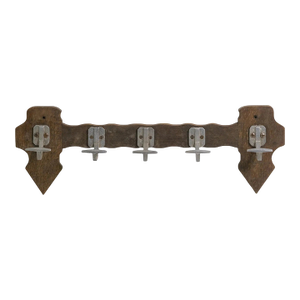 Mid 20th Century European Art Deco 5 Aluminum Hooks Rustic Wood Wall Rack