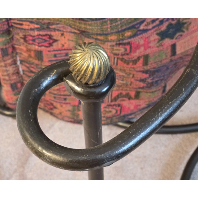 1980s Attributed to David Hicks Wrought Iron Tapestry Sling Chair With Brass Finials For Sale - Image 13 of 16