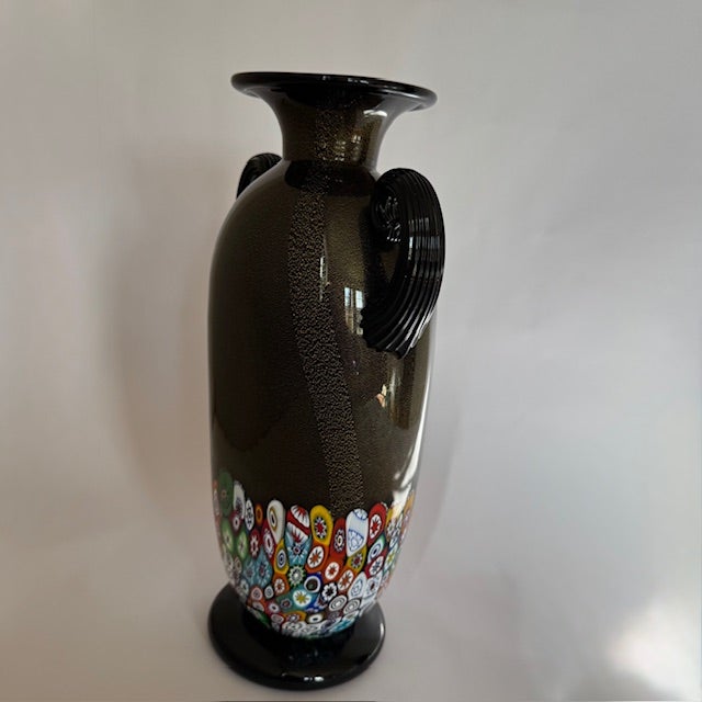 Signed Gambaro & Poggi Murano Millefiori Aventurine Art Glass Vase With Scroll Handles For Sale - Image 4 of 13